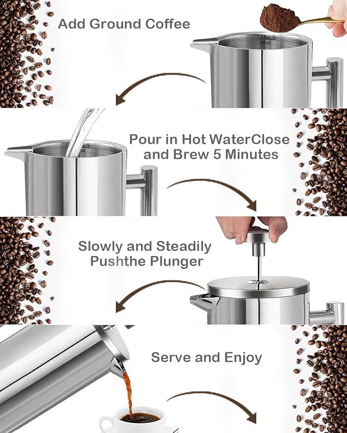 French Press Coffee Maker,304 Stainless Steel Coffee Press with scale lines and 2 Extra Filters for Kitchen & Camping (Silver, 50 OZ) 1.5 Litre