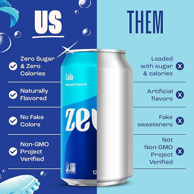 Zevia Zero Sugar Soda, Cola, 12 oz Cans (24-Pack) – Naturally Sweetened, Zero Calorie Sugar Free Soda - Non-GMO Project Verified, Gluten-Free, Vegan