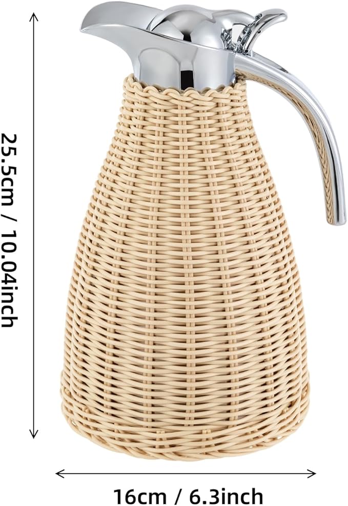 Stainless Steel Coffee Thermal Jug 1.5L/0.4 Gal Beige Rattan Double Walled Vacuum Insualted Jug Thermal Carafe with Handmade Rattan Body for Hot Liquids Keeping Hot for Home Coffee Shop