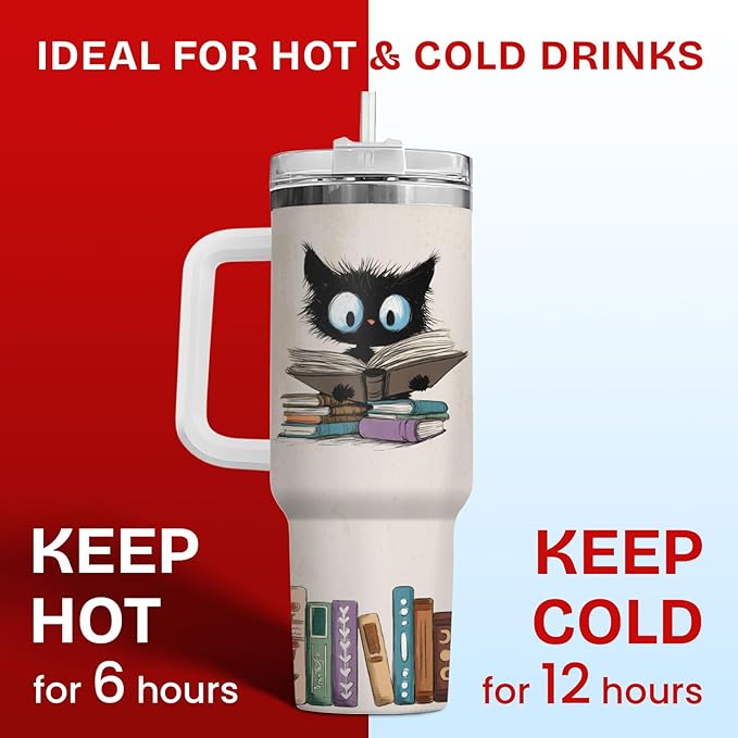 34HD Black Cat Mom Tumbler with Handle and Straw, 40oz Book Themed Cup Stainless Steel, Bookworm Coffee Mug, Cat and Book Birthday Gifts for Women Men Friends