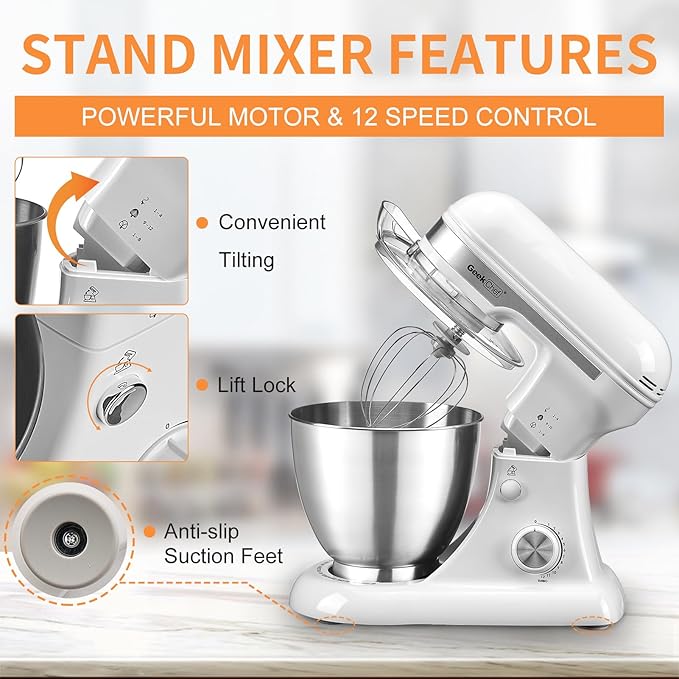 Geek Chef Electric Stand Mixer, 4.8QT 12 Speeds Tilt-head Food Mixer with Dough Hook, Whisk, Beater, Bowl, Rotary Knob for Home Kitchen Use, Bright White
