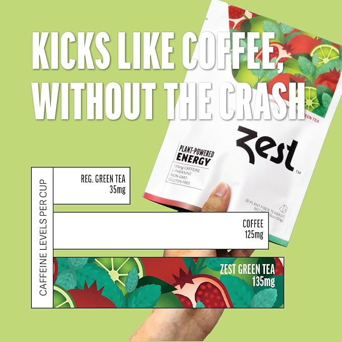 Zest Energy Green Tea – Pomegranate Mojito High Caffeine Tea Bags for Focus & Morning Energy – Natural Caffeinated Tea with 135mg Caffeine – Coffee Substitute – 20Ct Pack, Non-GMO & Keto Friendly