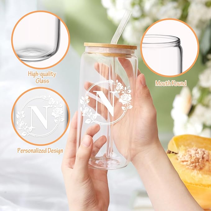Birthday Gifts for Women, Monogrammed Initial Glass Cup Personalized Gifts for Women, 16oz Glass Cups with Lids and Straws, Iced Coffee Cup, Beer Can Shaped - Gift for Christmas, Birthday, N