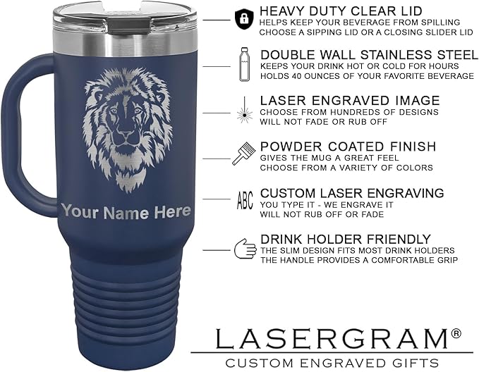 LaserGram 40oz Vacuum Insulated Travel Mug with Handle, Sushi, Personalized Engraving Included (Navy Blue)