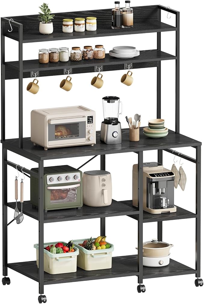 Kitchen Bakers Rack with Storage，Microwave Stand with Wheels，with Adjustable Shelves，Kitchen Shelves，Coffee Bar with 10 S-Shaped Hooks，35.4 * 15.8 * 61 Inches，Black