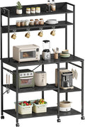 Kitchen Bakers Rack with Storage，Microwave Stand with Wheels，with Adjustable Shelves，Kitchen Shelves，Coffee Bar with 10 S-Shaped Hooks，35.4 * 15.8 * 61 Inches，Black