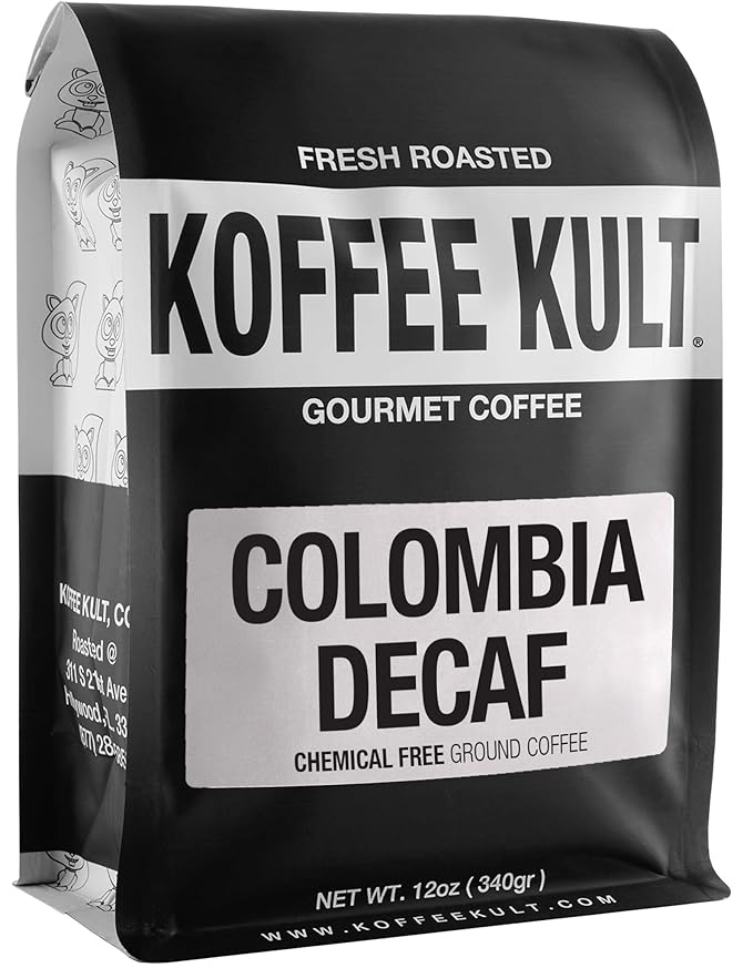 Koffee Kult Colombia Decaf Coffee Ground Decaffeinated Medium Roast 100% Arabica Whole Bean Naturally Swiss Water Process Chemical Free Espresso (Ground, 12oz)