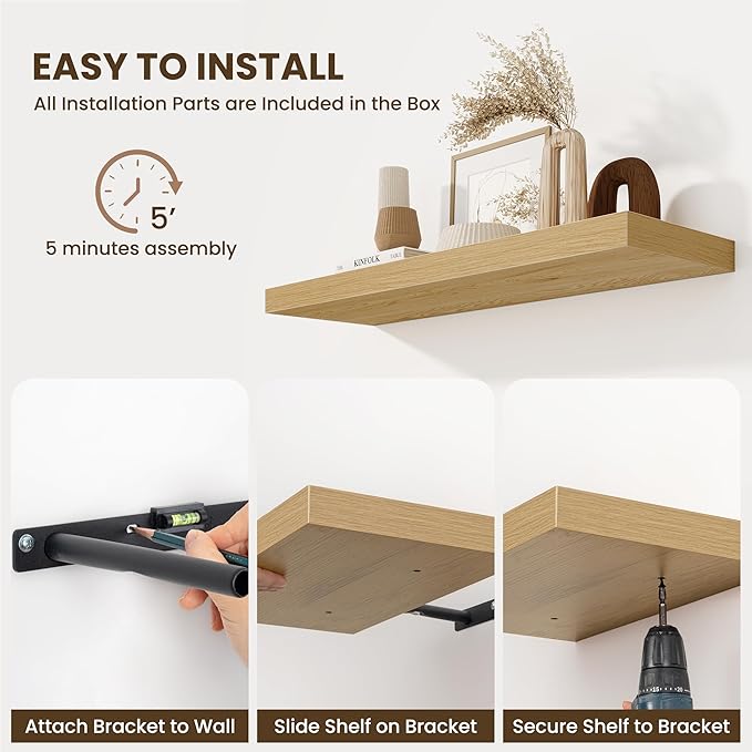 Fun Memories 24 x 10 Floating Shelves Wall-Mounted - Rustic Wood Shelf - 10 Inch Deep Floating Shelves for Wall - Large Storage Shelf for Bathroom - Kitchen & Bedroom - Oak - Set of 2