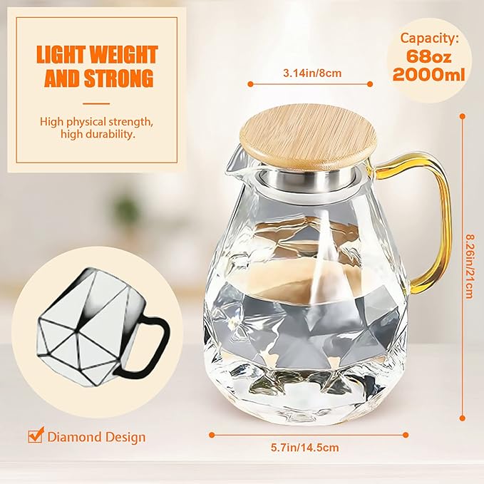 DUJUST 2 Litre Water Jug, Modern Diamond Design Glass Jug with Lid and Handle, High Durability Water Jug for Fruit Infuser Ice Tea, Hot Coffee, Milk