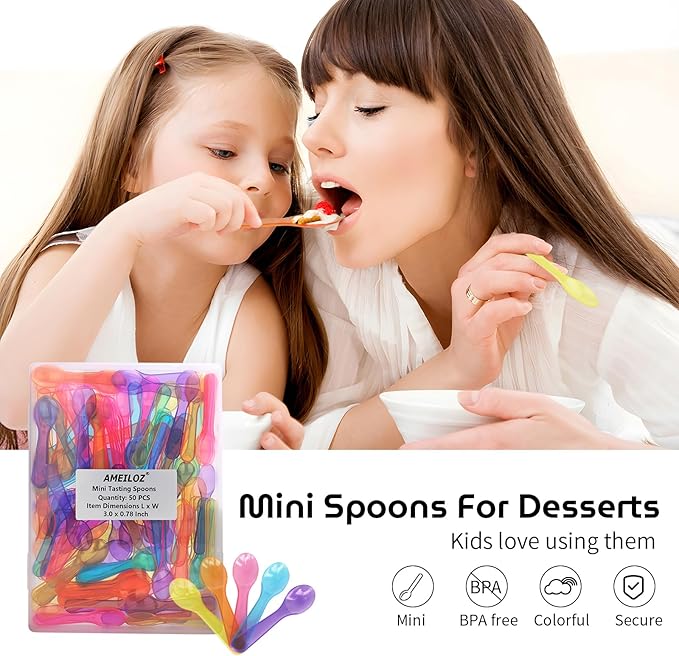 3" Mini Tasting Spoons Colored Disposables Small Taster Spoon, Tiny Dessert Spoon Assorted Ice Cream Spoons Multi-Color (1 Pack of 50 PCS)