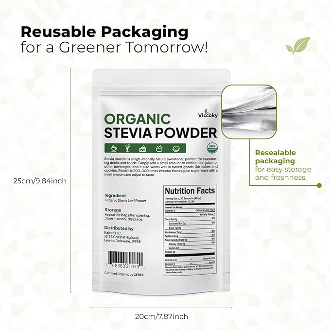 Viccoky Organic Stevia Powder, Pure Stevia Extract, Sugar-Free & 0 Calories, No Additives, Sugar Substitute, Natural Sweetener, 18oz (511g)