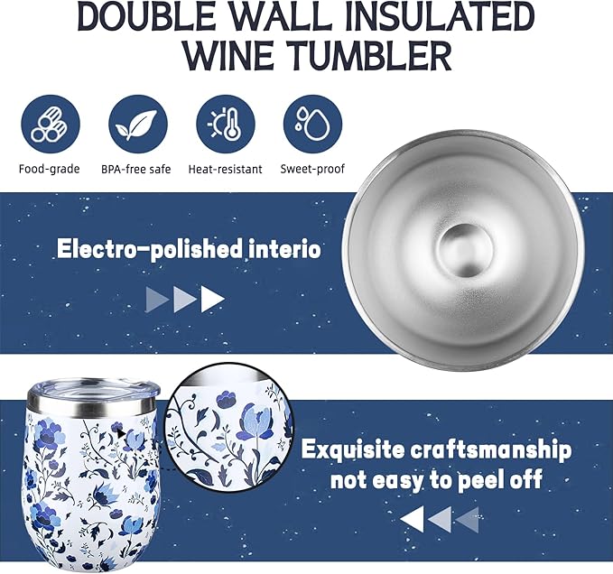 12 oz Insulated Wine Tumbler with Lid and Straw,Stainless Steel Stemless Wine Tumbler Glasses Double Wall Vacuum Wine Cups Tumbler Bulk for Coffee,Cocktail,Office (Blue and White Porcelain,4)
