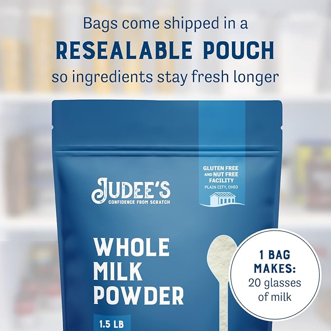 Judee's Gluten Free Powdered Milk - Gluten-Free Ingredient for Baking & Cooking - Nut-Free Whole Milk Powder & Shelf-Stable for Travel & Storage - Pack of 1, 24 oz, Made in USA