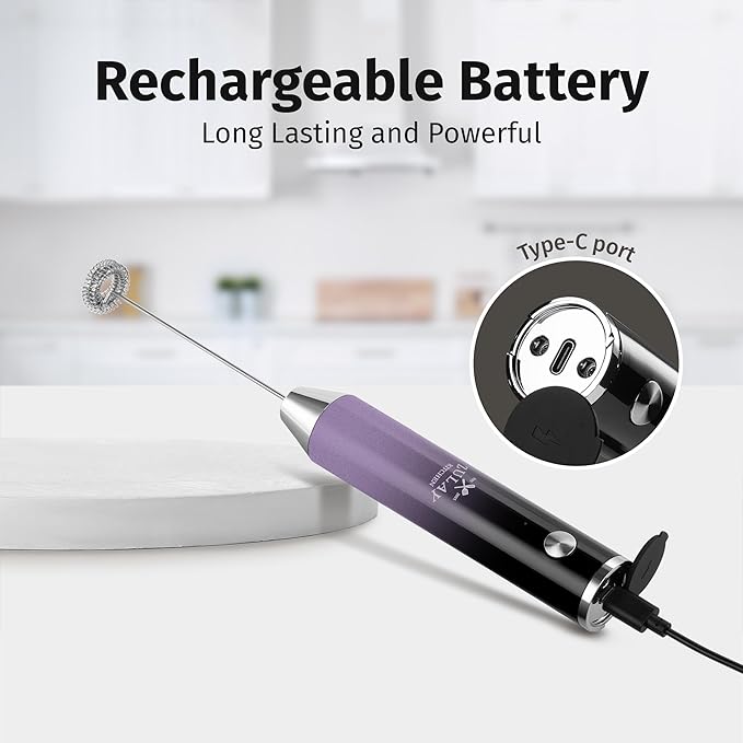 Zulay Kitchen Lux Electric Milk Frother Rechargeable Handheld - Powerful 2-Speed Motor, Waterproof, 2000mAh Battery - Lux Coffee Frother for Protein Powder, Drink Mixer Wand & Matcha Mixer