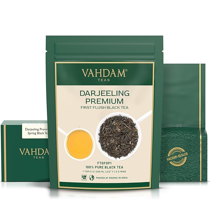 VAHDAM, First Flush Darjeeling Tea - 50 Cups (3.53oz) | Loose Leaf Black Tea - Flowery, Aromatic & Delicious | Picked, Packed & Shipped Direct From India | Champagne Of Teas | Mellow & Fragrant