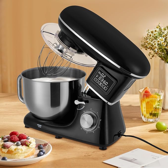 6.5Qt Stand Mixer, 1350W Electric Household Stand Kitchen Mixer With Lcd Timer Display, 6-Speed Dough Maker With Whisk Beater & Hook, For Baking Bread Cake Cream, Compact For Small Kitchen (black)