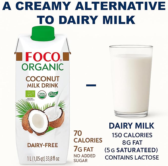 FOCO UHT USDA-Organic NON-GMO Coconut Milk Drink/Beverage 33.8 fl Oz, Pack of 6