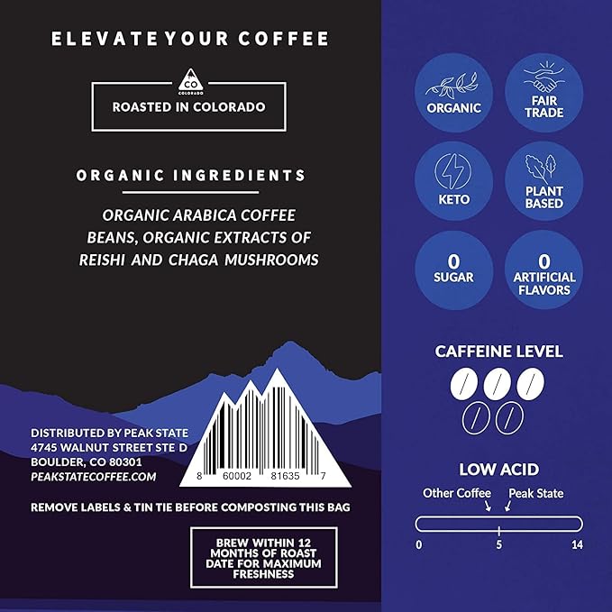 Peak State Coffee with Benefits - Mushroom Coffee Organic Beans - STRESS LESS Dark Roast Adaptogen with Reishi & Chaga - Mold Free, Mycotoxin Free,Vegan, Paleo, Dairy Free, Gluten-Free, Non-GMO (12 oz Bag, Whole Bean - $1.13/cup)