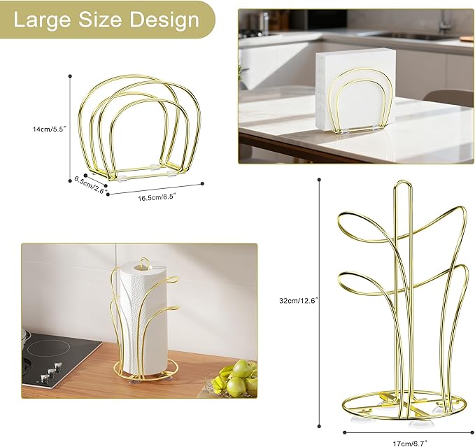 SZQINJI Paper Towel Holder Countertop, Gold Paper Towel Roll Holder with Weighted Base 4 Suction Cups and Paper Napkin Holder Set, Standing Paper Towel Holder for Kitchen Dining Table Picnic