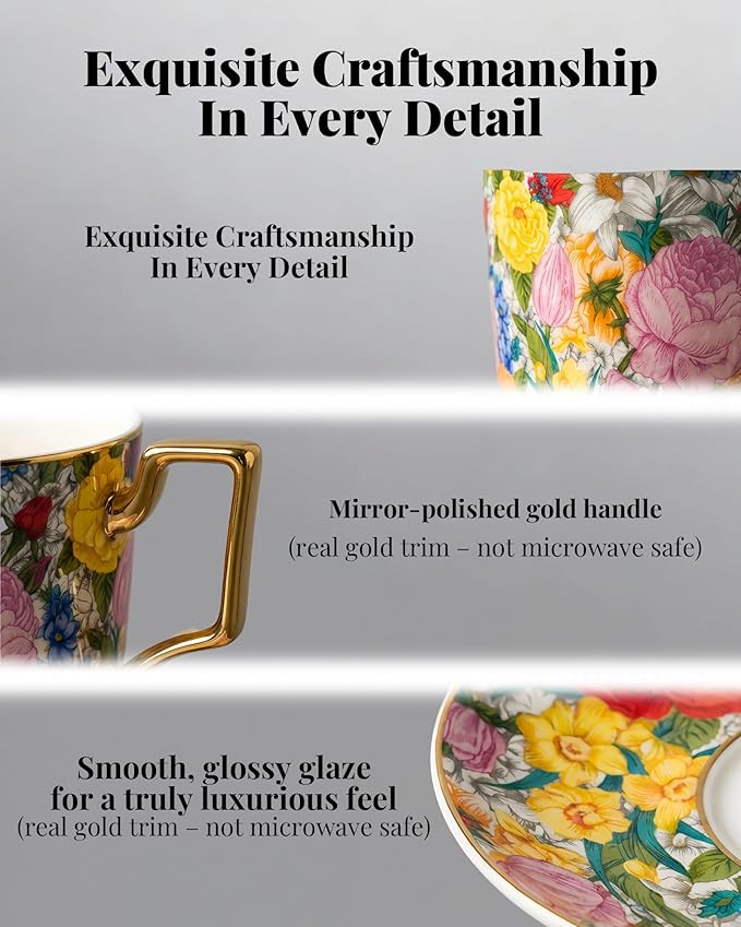 Exquisite Bone China Tea Cups and Saucer Set – Elegant Porcelain Tea Cups, Beautifully Detailed for Tea Lovers, Gift-Ready for Christmas, Hostess, Holiday Gift & Fall Decor