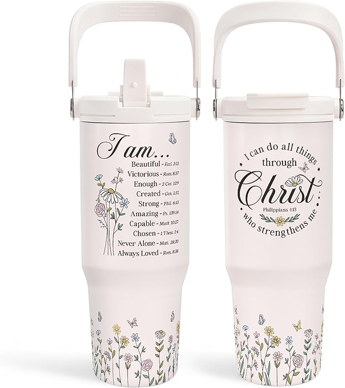 SANDJEST Christian Tumbler with Handle 30oz, Religious Gifts for Women, Stainless Steel Flip Straw Insulated Tumblers Coffee Travel Cup, Inspirational Gifts for Her for Birthday Christmas Mothers Day