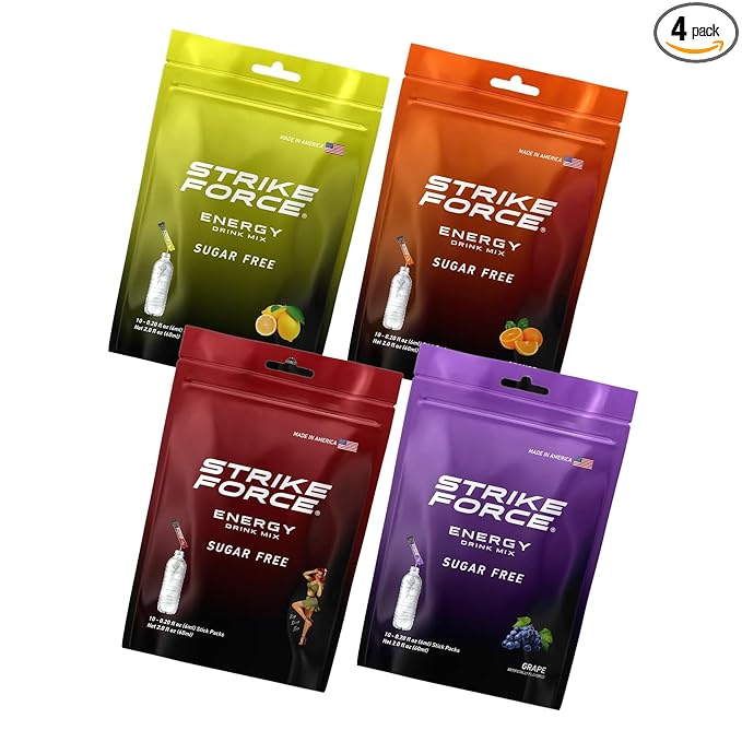 Strike Force Energy Drink Mix - 4 Flavor Variety Pack - Natural Tasting Caffeine Drink - Turn Any Drink into a Healthy Energy Drink - Zero Calories, Keto Friendly, Sugar Free, Pre Workout (40 Liquid Packets)