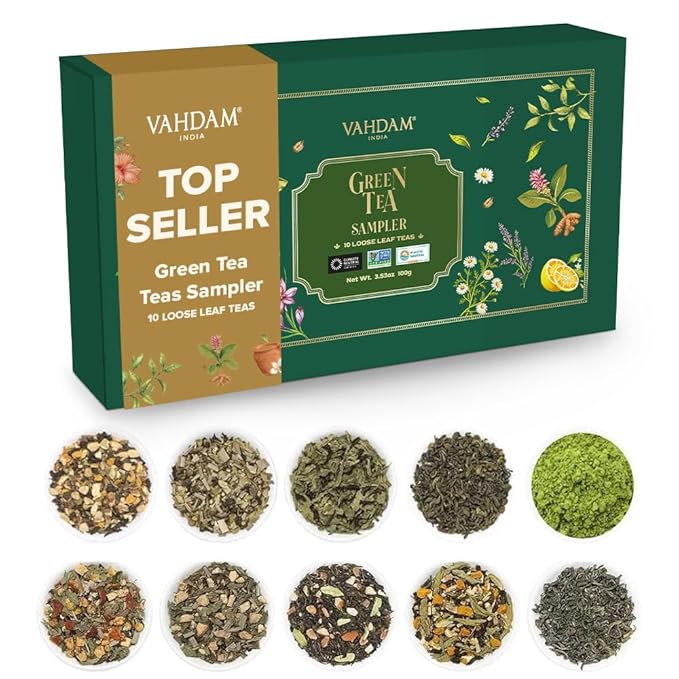 VAHDAM, Assorted Green Tea Loose Leaf Tea Gift Set (10 Flavors) Gift Ideas for Women & Men | Exotic Himalayan Green Tea Blends | Resealable Ziplock Pouch | Christmas Tea Gift Set
