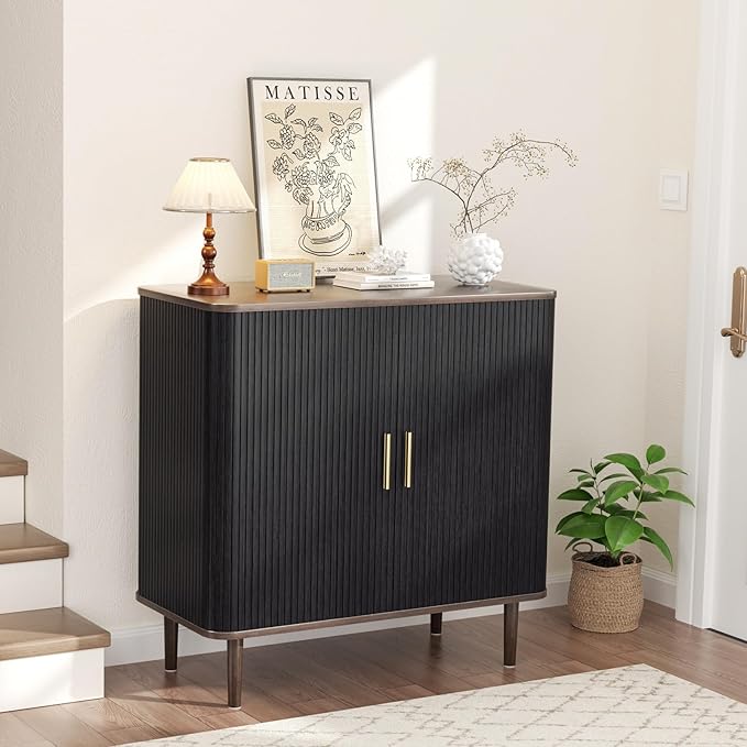 35" Fluted Accent Buffet Cabinet, Black Small Storage Sideboard with Sliding Door, Mid Century Modern Credenza with Solid Wood Leg, Wine Coffee Bar Console Table for Kitchen, Entryway, Living