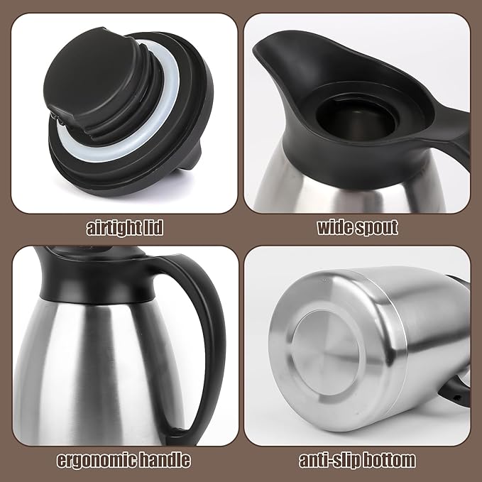 ShineMe 68Oz(2L) Coffee Carafes for Keeping Hot, Double Walled Vacuum Stainless Steel Coffee Urn, Insulated Hot Water & Coffee Dispenser with Airtight Lid, 12H Heat/24H Cold Retention