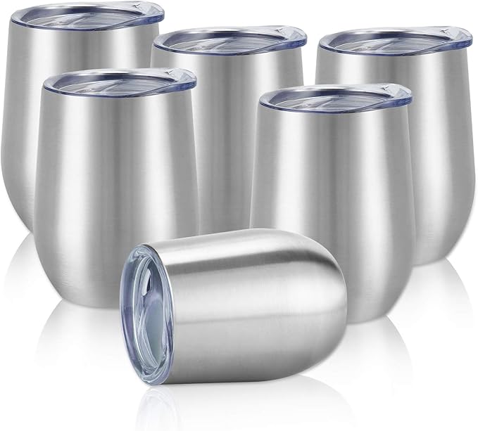 8 Pack 12Oz Stainless Steel Wine Tumblers, Insulated Wine Tumbler, Double Wall Insulated Wine Glass, Stainless Steel Stemless Wine Cups with Lids for Coffee, Wine, Cocktails, Champaign, Silver