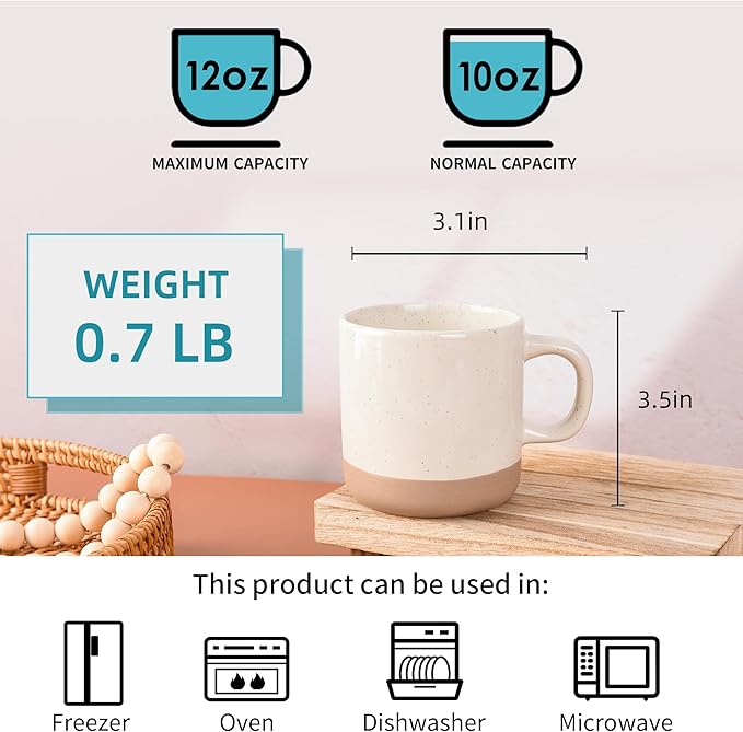 12oz Coffee Mug Set for 6, Tea Cups with Handle for Coffee, Tea, Cocoa, Milk (Cream)