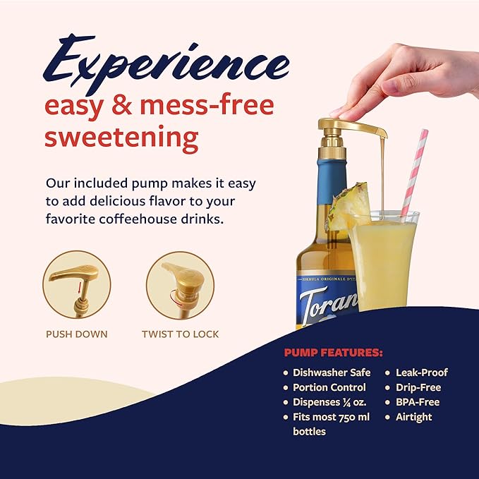 Torani Sugar Free Syrup, Pineapple Flavored Syrup for Drinks, Zero Calorie, Glass Bottle with Pump Included, 25.4 Fl Oz