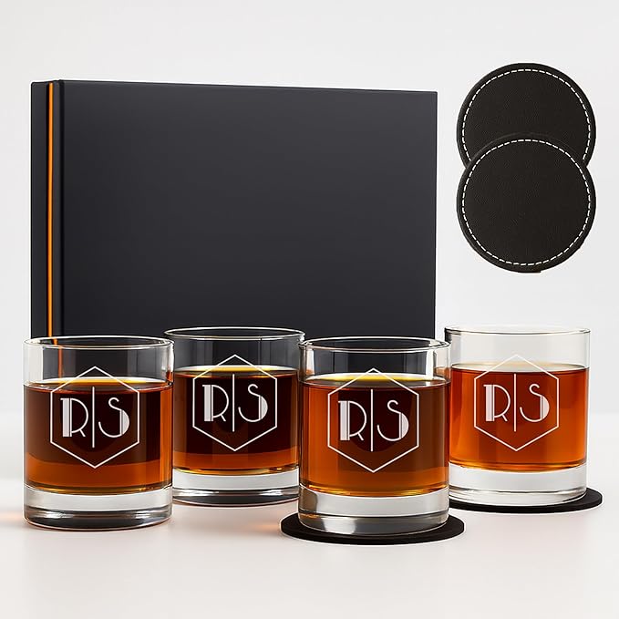 Froolu Personalized Scotch Whiskey Glasses Set - Premium Customizable Monogram Designs