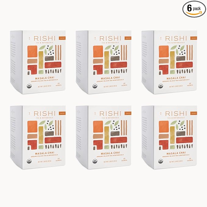 Rishi Tea Masala Chai Tea - Organic Sachet Tea Bags, Assam Black Tea Blend with Whole Spices, Energizing & Caffeinated - 15 Count (Pack of 6)
