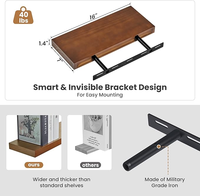 Fun Memories Wood Floating Shelves Set of 2, Rustic Pine Wood Floating Shelves for Wall Mounting, Wide Wall Shelf for Home Decor and Storage, 16" W x 7" D, Walnut