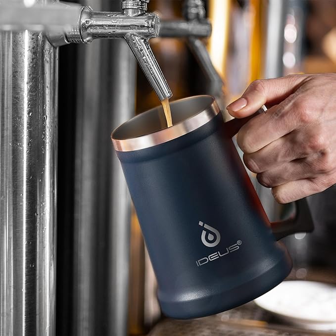 Ideus Insulated Beer Stein, 24/32oz Stainless Steel Double Walled Beer Mug Giant Bar Drinkware Metal Beer Cup with Big Grip Handle (Navy Blue, 24oz (710ml))