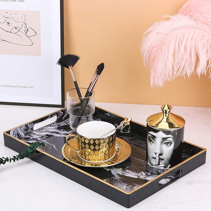 Zosenley Decorative Tray, Marbling Plastic Tray with Handles, Rectangular Vanity Tray and Serving Tray for Bathroom, Kitchen, Ottoman and Coffee Table, 15.6” x 10.2”, Black