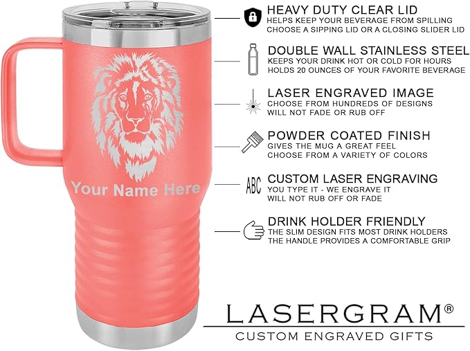 LaserGram 20oz Vacuum Insulated Travel Mug with Handle, Sushi, Personalized Engraving Included (Coral)
