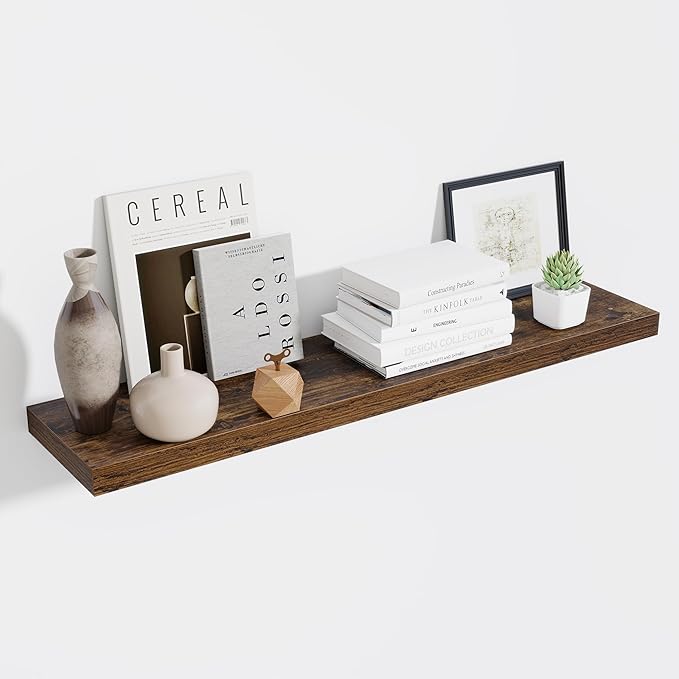 48 Inch Floating Shelves for Wall - 10 Inch Deep Fireplace Mantel Shelf - Wood Floating Shelves for Wall - Large Storage Shelves Wall Mount for Living Room & Bedroom - Rustic Brown - Set of 1