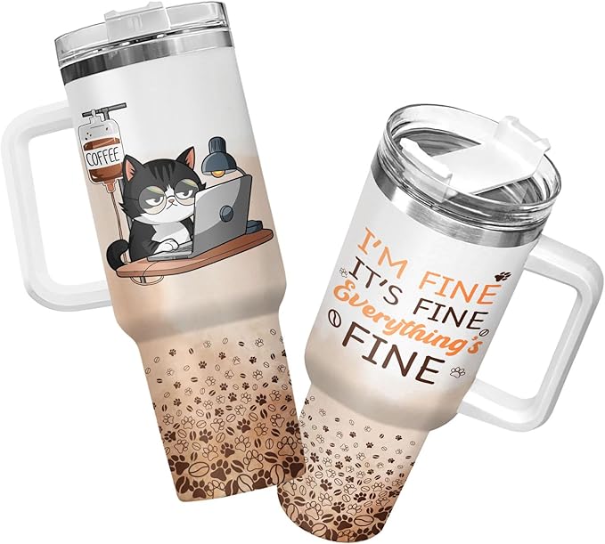 34HD Tuxedo Cat Tumbler 40oz Stainless Steel with Handle and Straw, It's Fine I'm Fine Mug, Funny Cat Travel Mug, Mothers Day Gifts for Tuxedo Mom