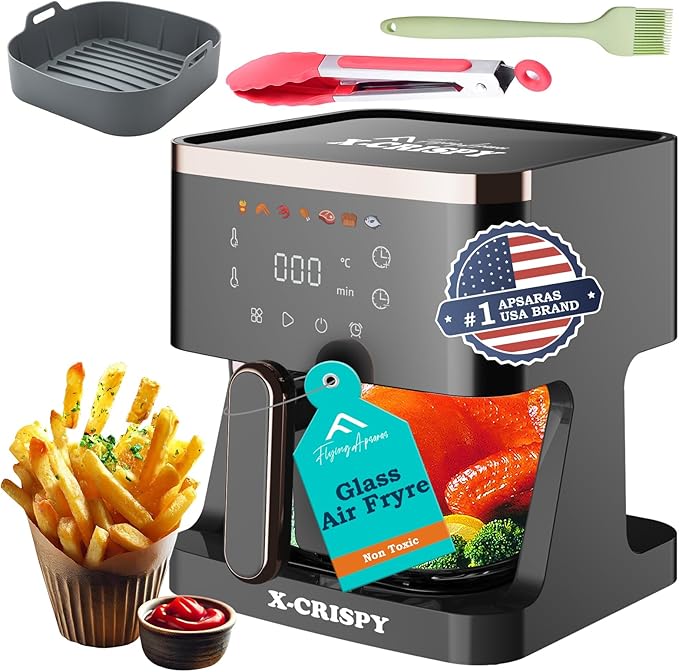 APSARAS USA Air Fryer Glass, 5.2QT Convection Oven Glass Air Fryer Non Toxic, Healthy Kitchen Bake,Grill,Steam Broil, & Roast -Includes Bowl,Broil Rack,Toasting Rack & More 97% Less Oil