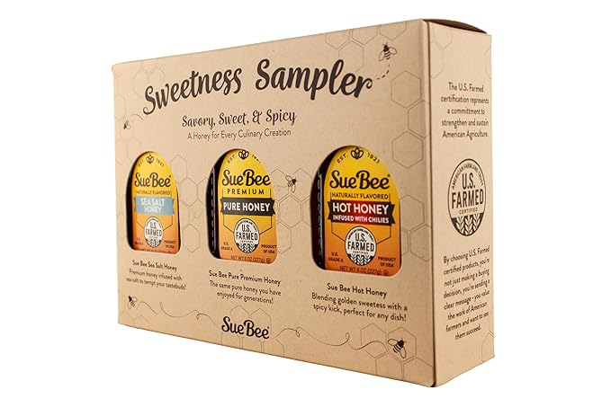 Sue Bee® Sweetness Sampler – 3 Pack Honey Gift Set | Original, Hot & Sea Salt | Pure U.S. Farmed™ Certified | Gourmet Gift Set for Foodies, Cooking, Tea, Charcuterie & Holiday Gifting 8 Oz (Pack of 3)
