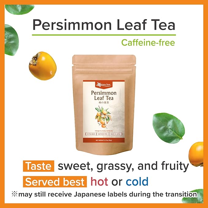 Onkatsu Farm Persimmon Leaf Premium Japanese Tea Bags, Sweet Herbaceous Flavor, Hot or Iced, Caffeine Free, 30 Total Tea Bags
