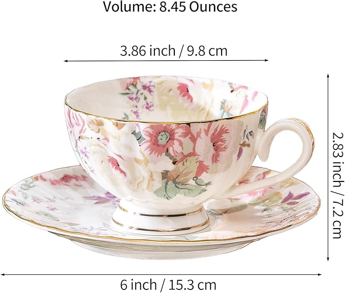 fanquare Pink Floral Tea Cup and Saucer Set with Spoon, 8 Ounce Porcelain Coffee Cup with Gold Trim, Vintage Peony Teacups for Women and Tea Parties