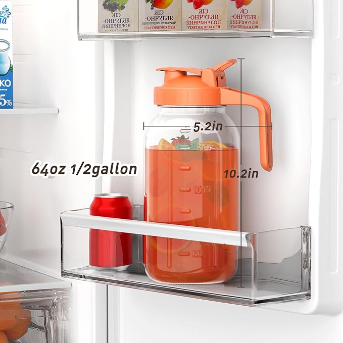 64 oz Glass Pitcher with Lid, Large Wide Mouth Mason Jar with Pour Spout, Orange Sun Tea Glass Jar for Outside, Lemonade Pitcher Great for Drink, Cold Beverages and Breast Milk