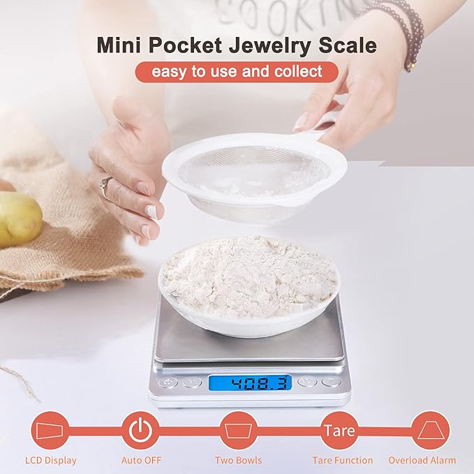 Food Scale Small Gram Scale Digital Gram and Ounce Scale, USB Rechargeable 0.01g/0.001oz Accurate, MEIYA Kitchen Scale for Soap Making, Jewelry, Baking, Tare Function, Including Battery and 2 Trays