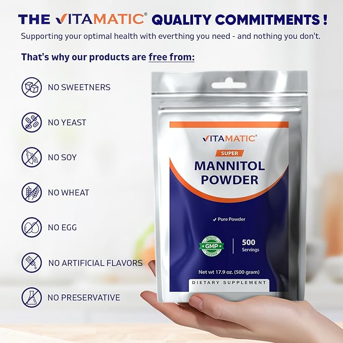Vitamatic Mannitol Powder - Sweetener, Sugar Substitute, Natural & Gluten Free, 1000 mg per Servings, 500 Servings, 500 Gram
