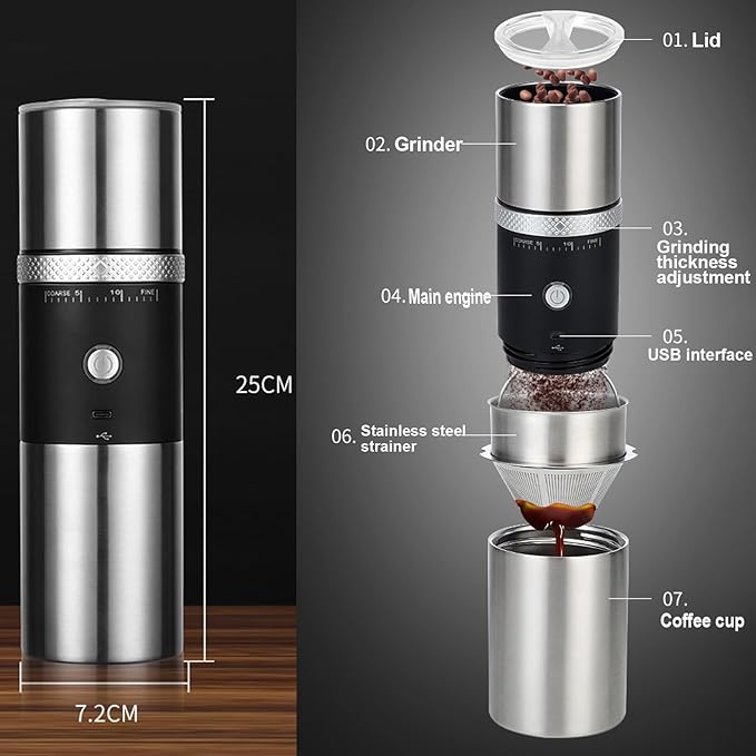 Portable Burr Coffee Grinder, Electric Rechargeable Adjustable Burr Mill Machine with Conical Ceramic, Suitable for Travel,Camping,Office, Espresso (Black)