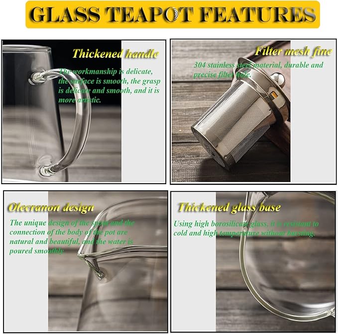 Glass Teapot with Removable Stainless Steel Infuser, Borosilicate Glass Tea Pot with Strainer,for Blooming Tea & Loose Leaf Tea, Microwave & Stovetop Safe（19oz ）
