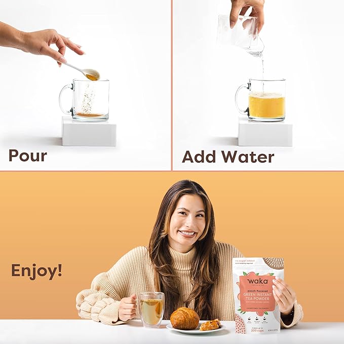 Waka Instant Green Tea Mix, Peach Flavored - 100% Tea Leaves, No Additives, Unsweetened Tea Powder in Bulk Pouch – Easy Quick Hot and Iced Teas, Up to 200 Cups (4.5oz)